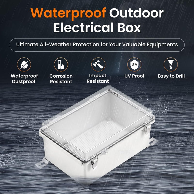 QILIPSU Outdoor WiFi Enclosure, 8.6"x6.7"x4.3" Waterproof Electrical Junction Box, Clear Plastic Hinged Cover IP67 Weatherproof for Solar Projects Network Router Led Control - Image 2